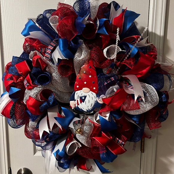 Handmade, Red, White & Blue Gnome Wreath, fourth of July